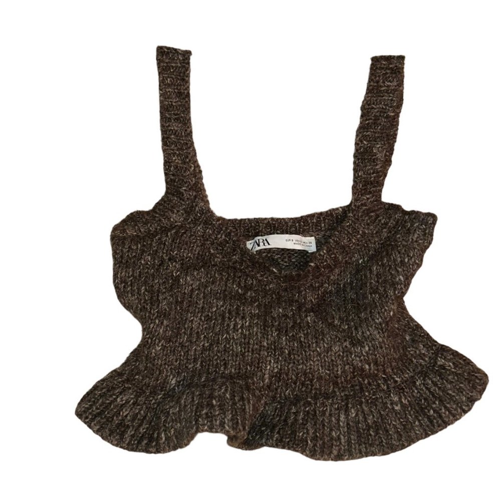 ZARA brown sweater marl knit sleeveless peplum cropped sweater top S